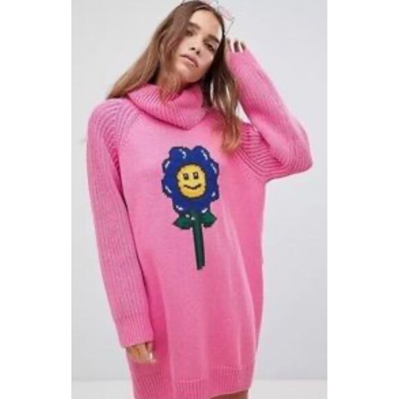 Lazy Oaf Pink Kidcore‎ Knit Oversized Sweater Smiley Flower Turtleneck S - Picture 2 of 9